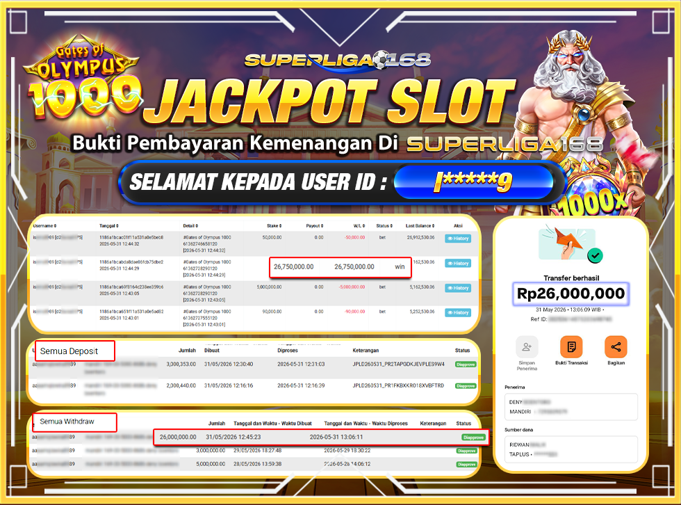 SUPERLIGA168 JACKPOT GATES OF OLYMPUS 1000 Rp.26,000,000LUNAS